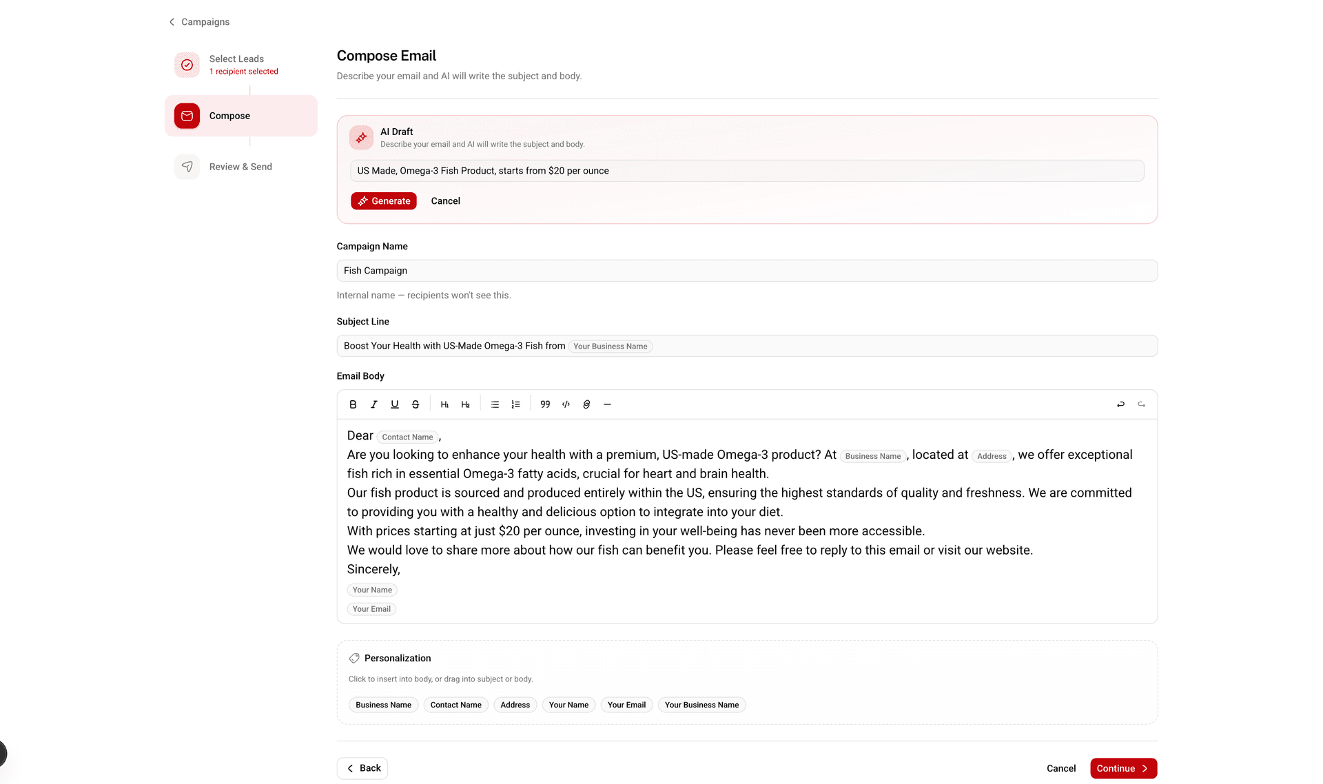 Create Campaign page showing AI drafted email