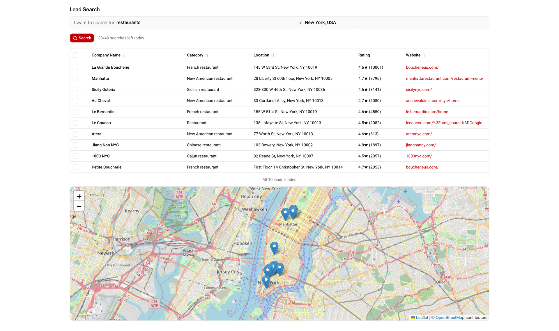 Lead Search results showing enriched company data